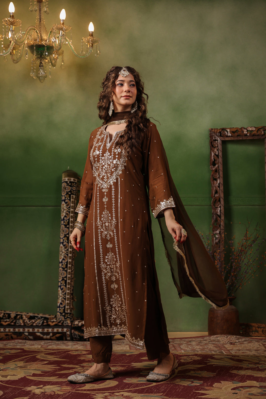 Brown Georgette Aari Suit Set