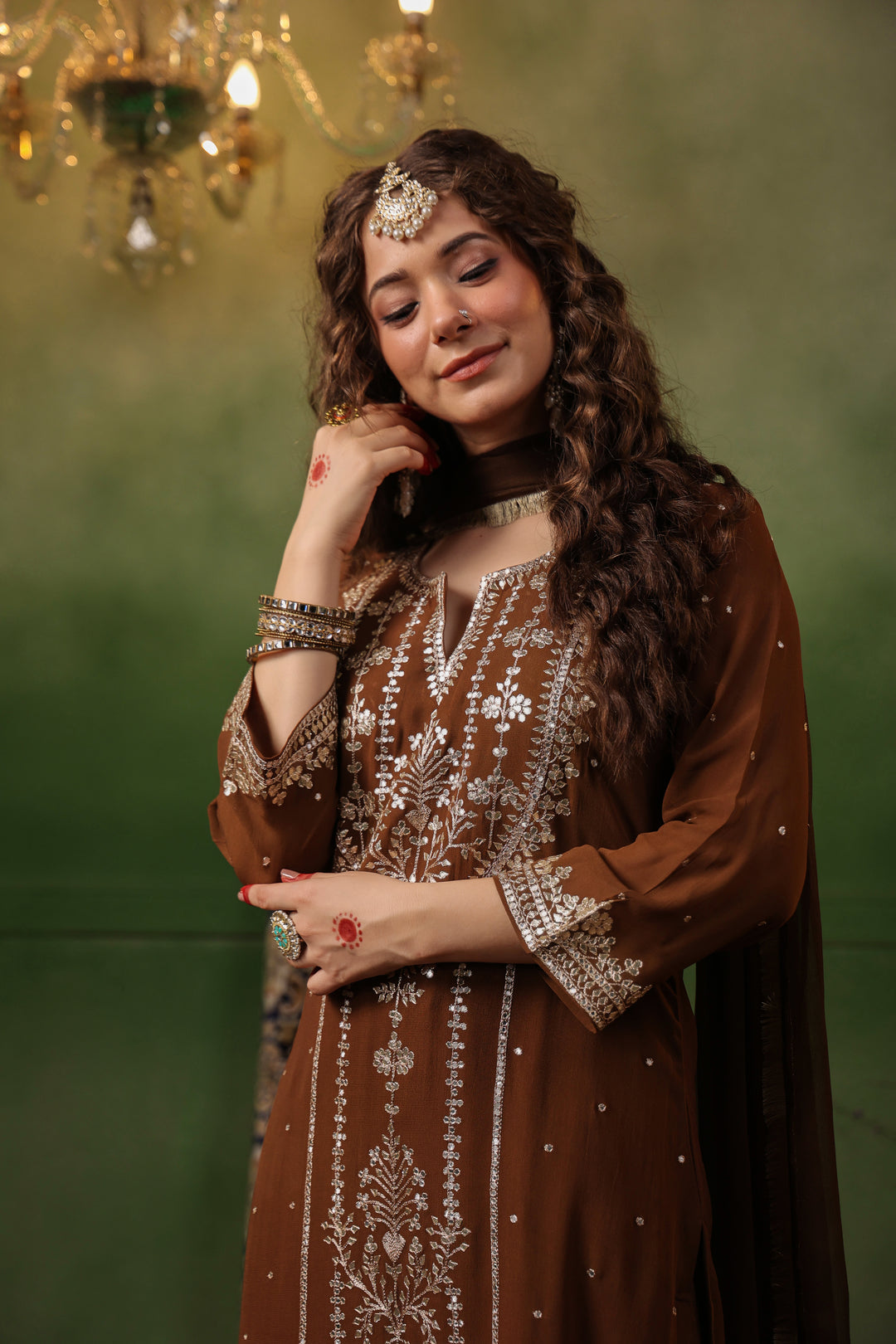 Brown Georgette Aari Suit Set