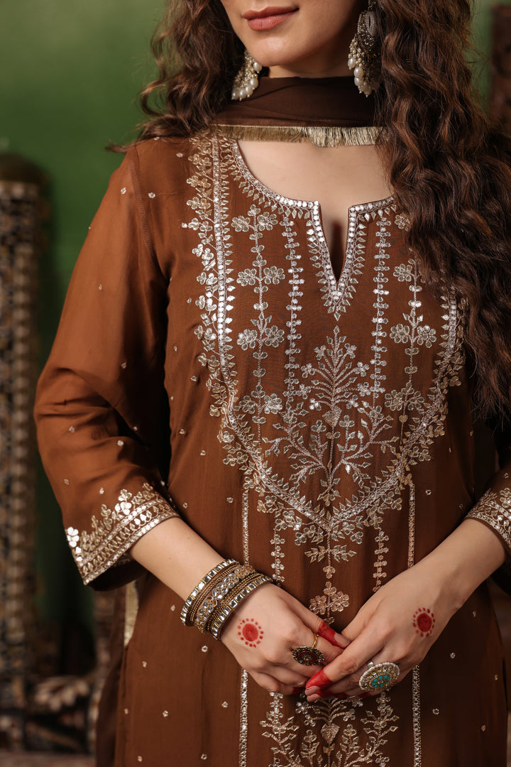 Brown Georgette Aari Suit Set