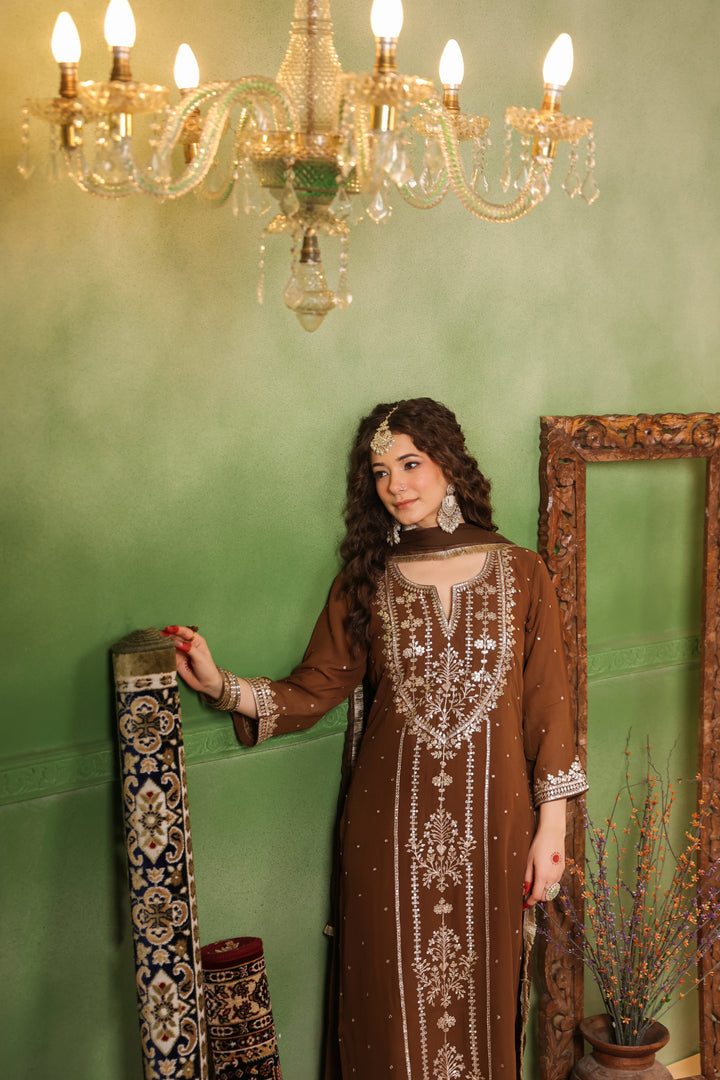 Brown Georgette Aari Suit Set