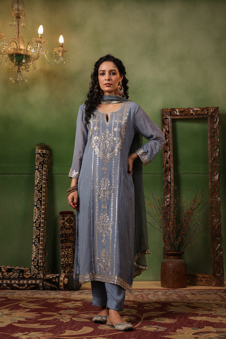 Grey Georgette Aari Suit Set