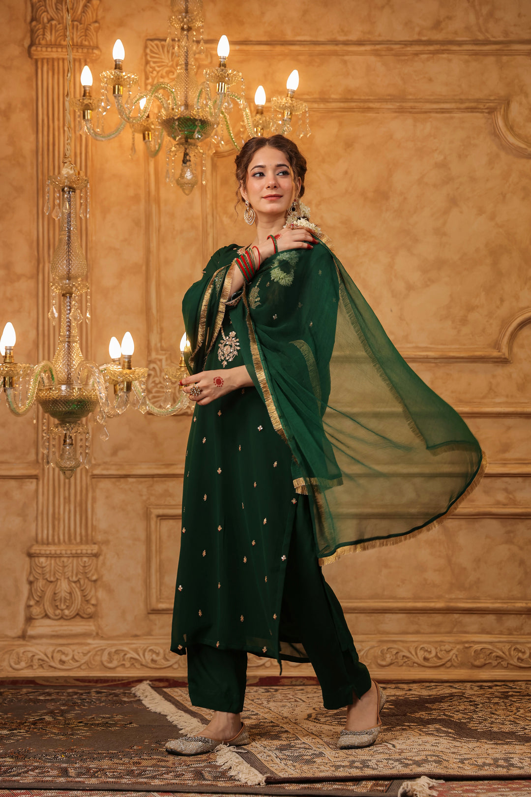 Bottle Green Georgette Marodi Suit Set