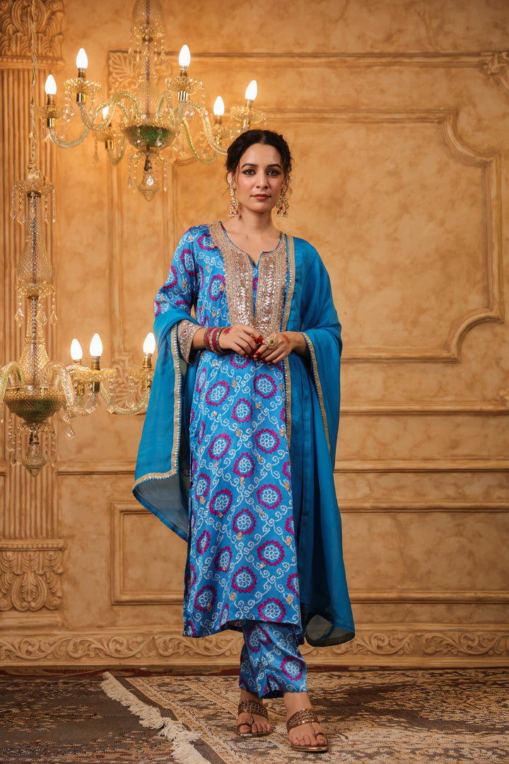 Blue Bandhani Gota Suit Set