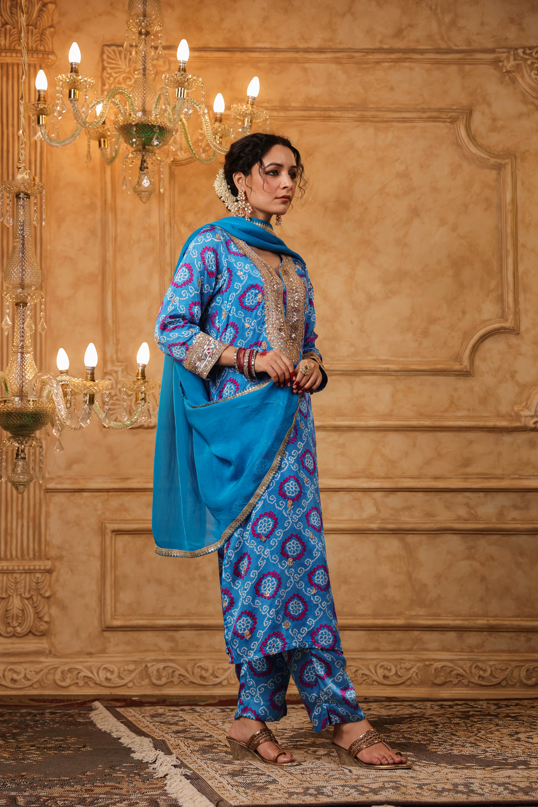 Blue Bandhani Gota Suit Set