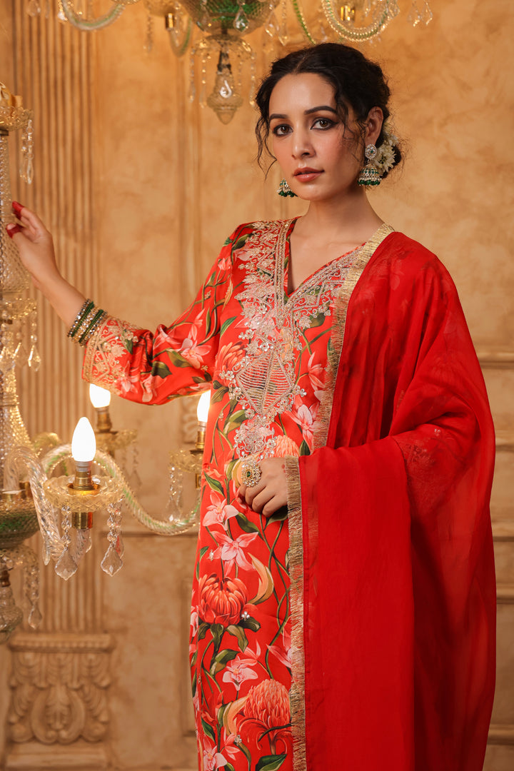 Red Floral Aari Suit Set