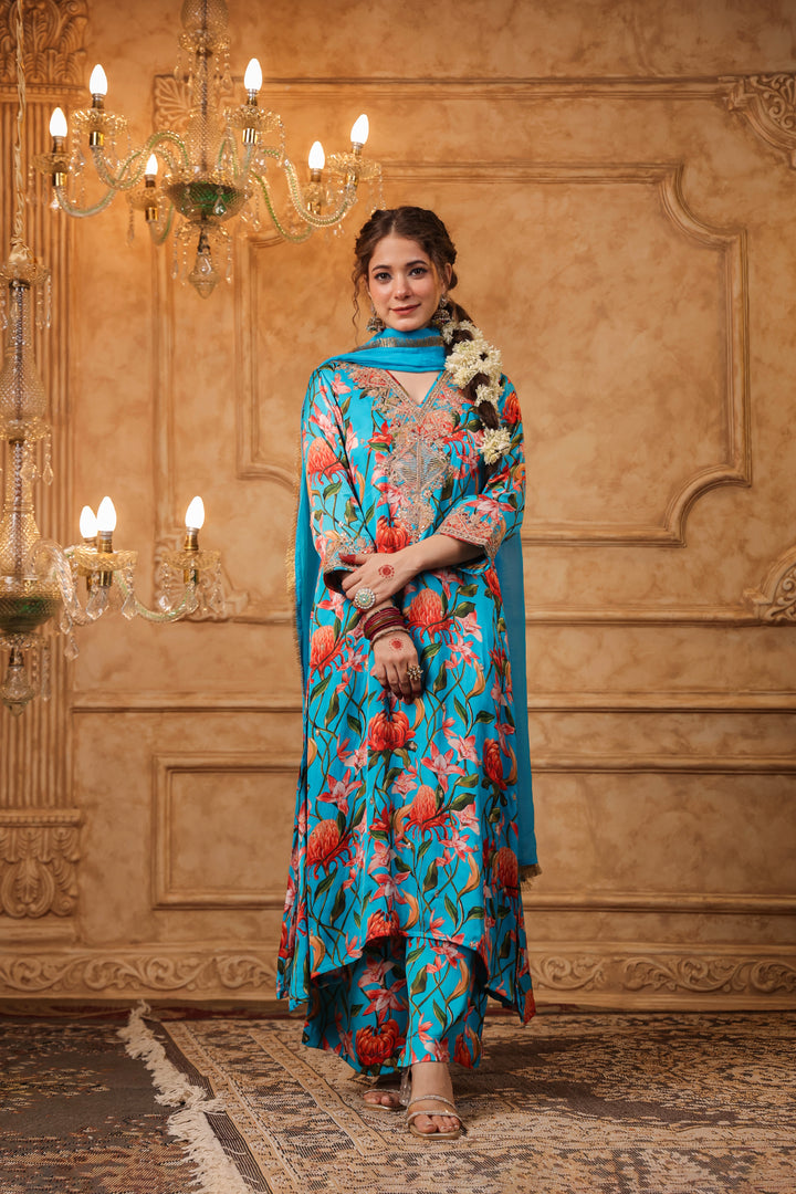 Blue Floral Aari Suit Set