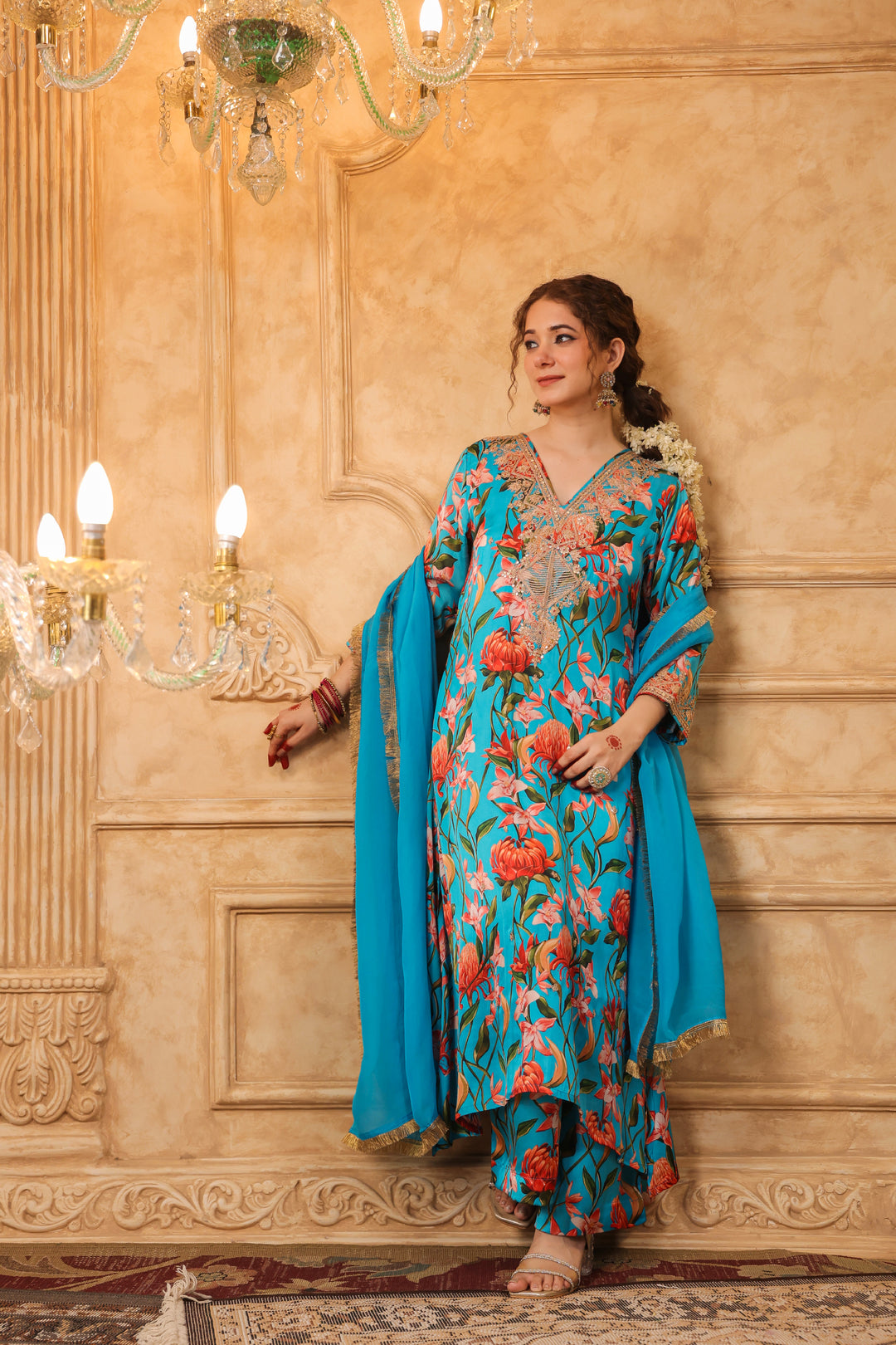 Blue Floral Aari Suit Set