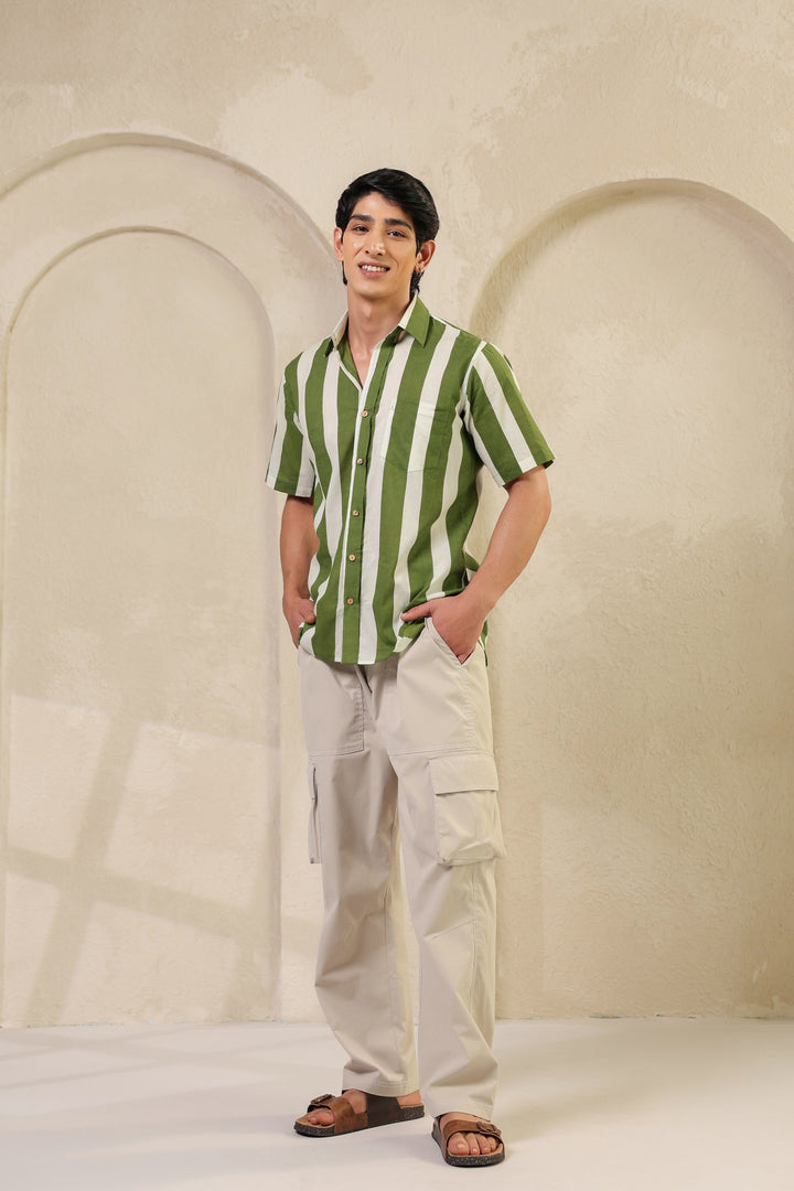 Green Stripe Cotton Regular Shirt