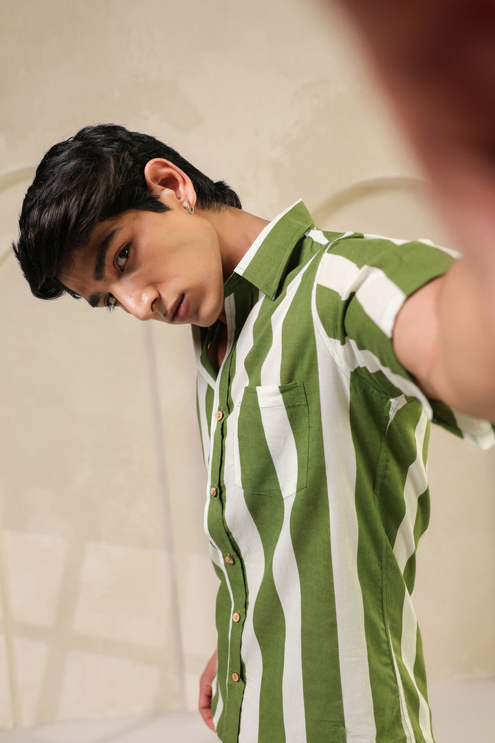 Green Stripe Cotton Regular Shirt