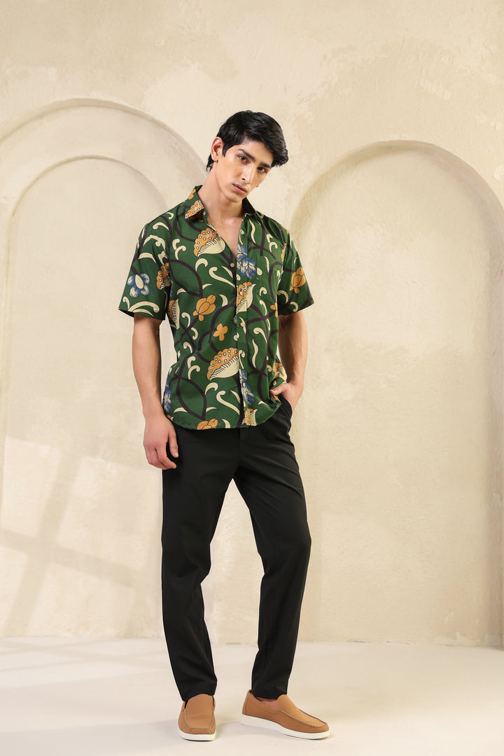Dark Green Cotton Half Sleeve Shirt