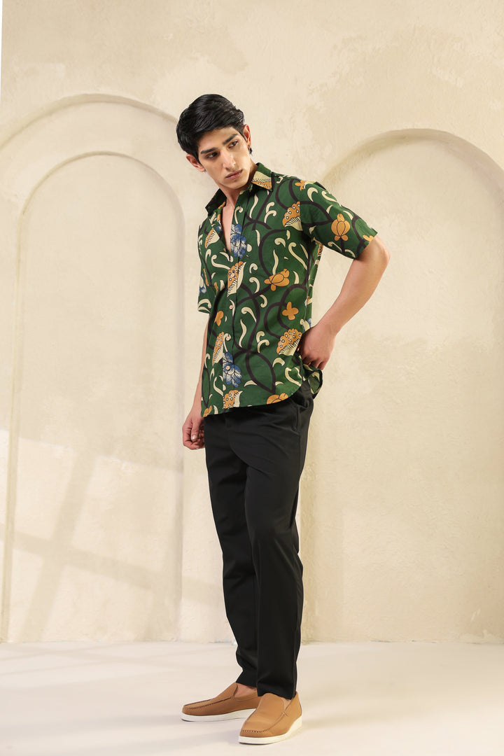 Dark Green Cotton Half Sleeve Shirt