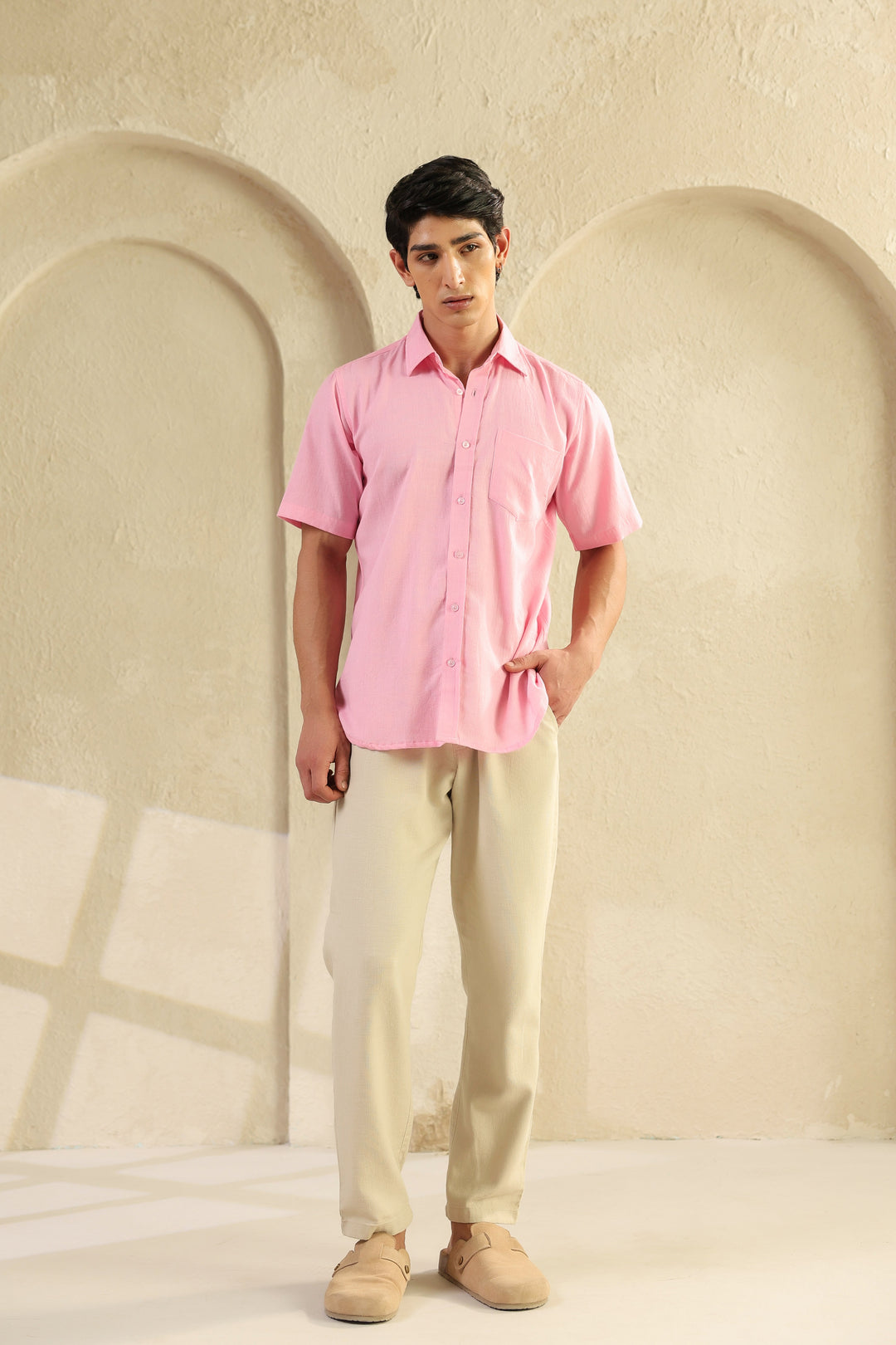 Pink Linen Blend Half Sleeve Shirt