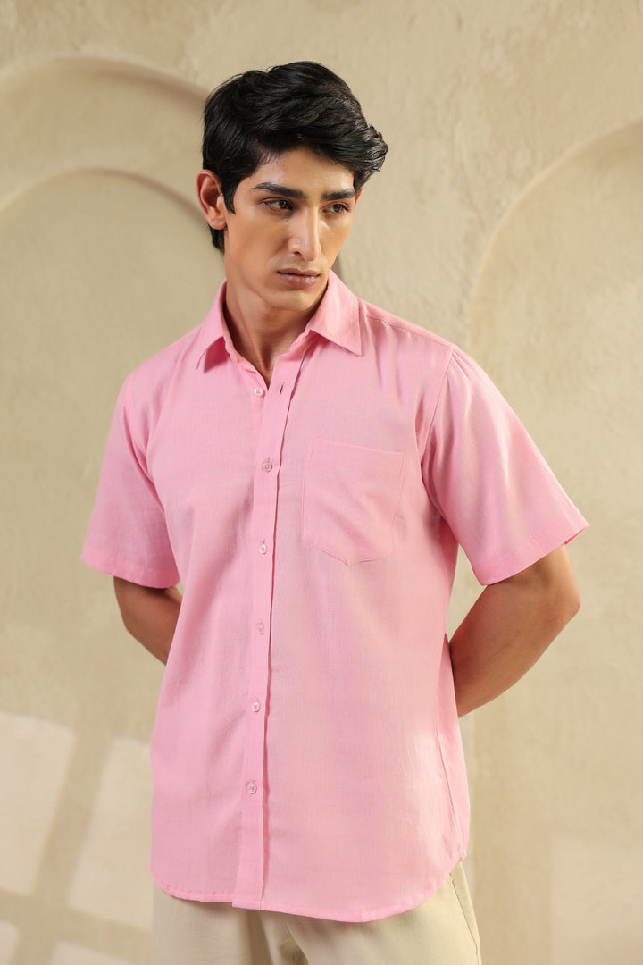 Pink Linen Blend Half Sleeve Shirt