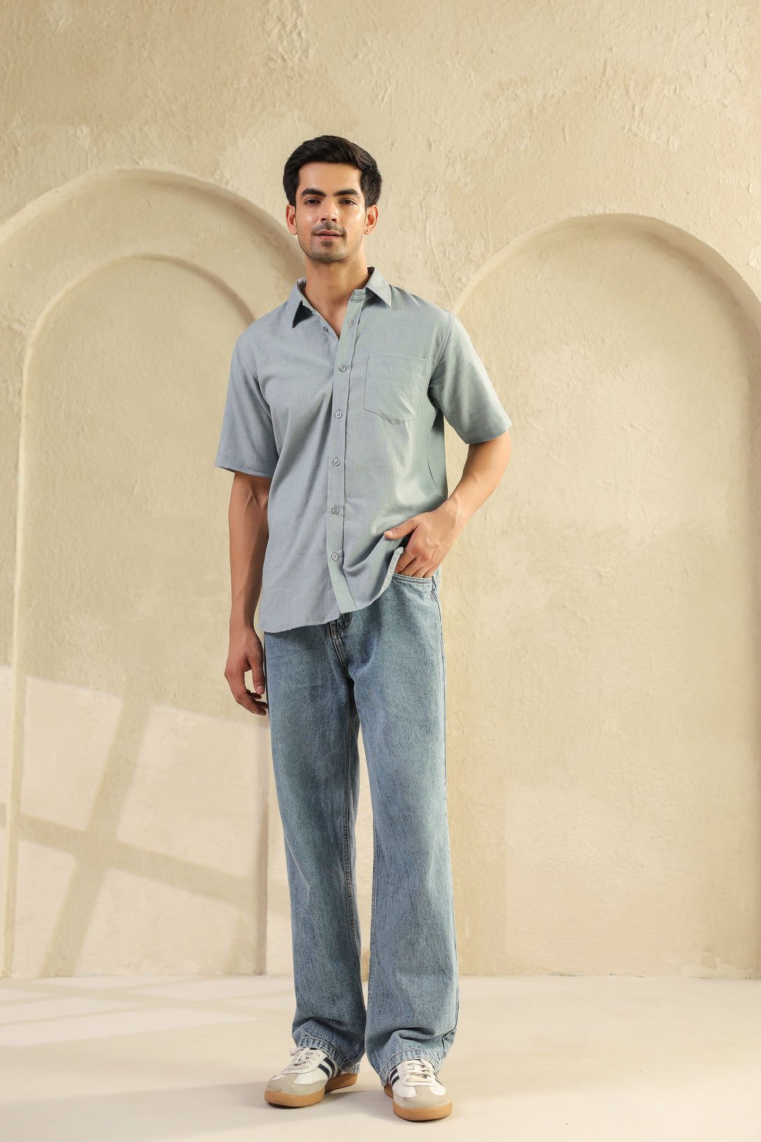 Grey Linen Blend Half Sleeve Shirt