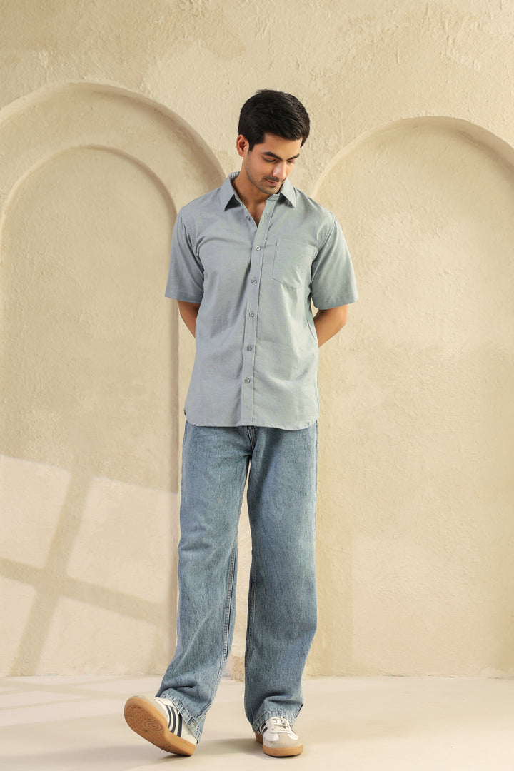 Grey Linen Blend Half Sleeve Shirt