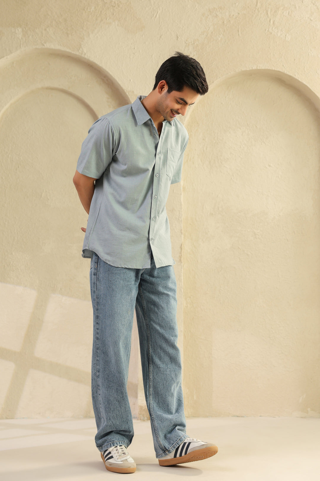 Grey Linen Blend Half Sleeve Shirt