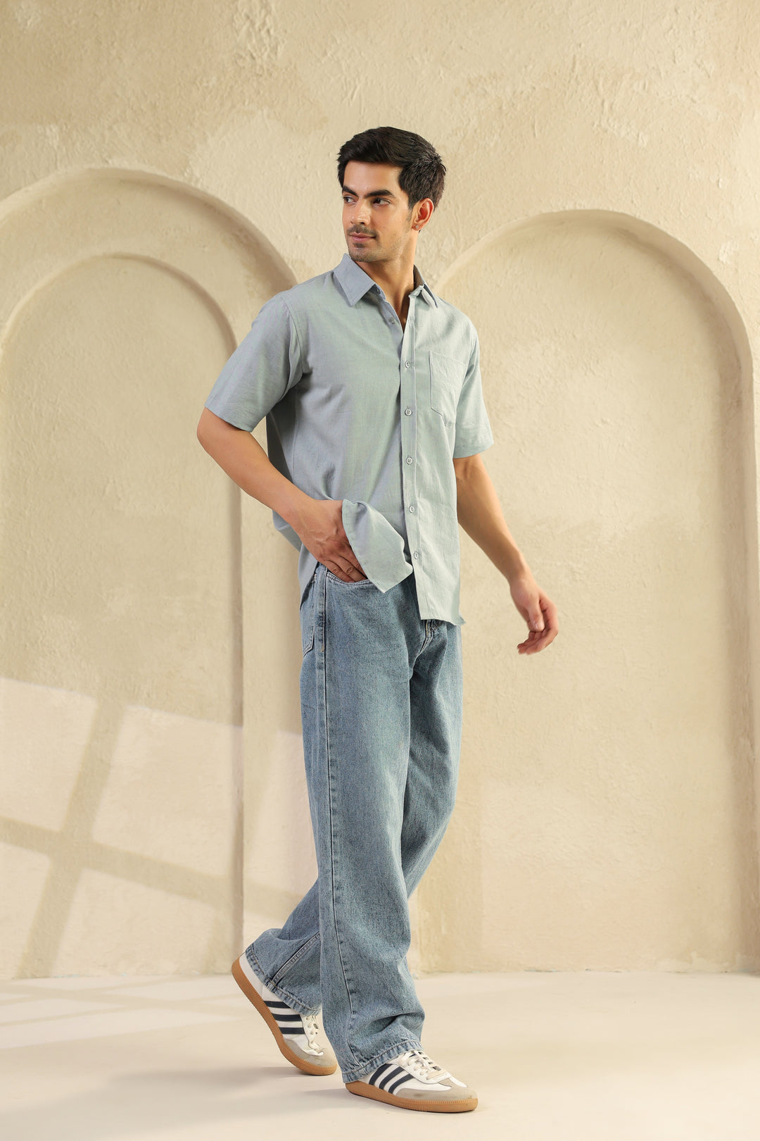 Grey Linen Blend Half Sleeve Shirt