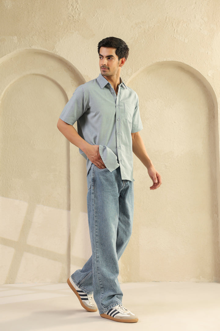 Grey Linen Blend Half Sleeve Shirt