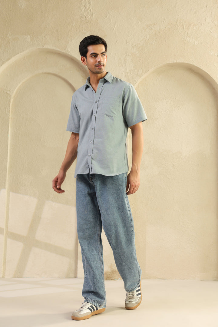 Grey Linen Blend Half Sleeve Shirt
