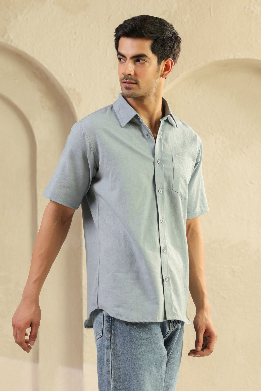 Grey Linen Blend Half Sleeve Shirt