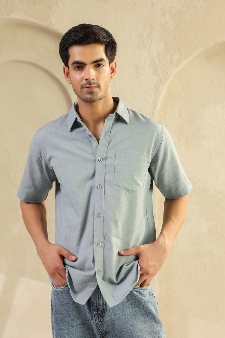 Grey Linen Blend Half Sleeve Shirt