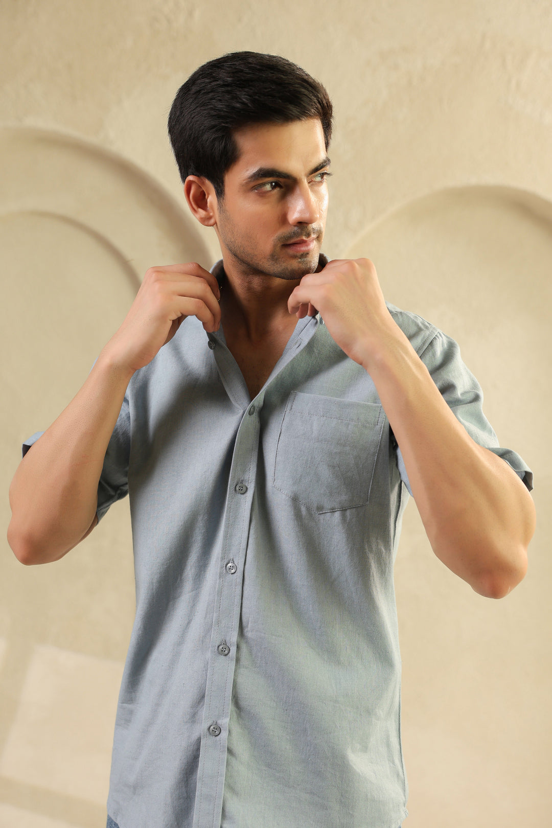 Grey Linen Blend Half Sleeve Shirt
