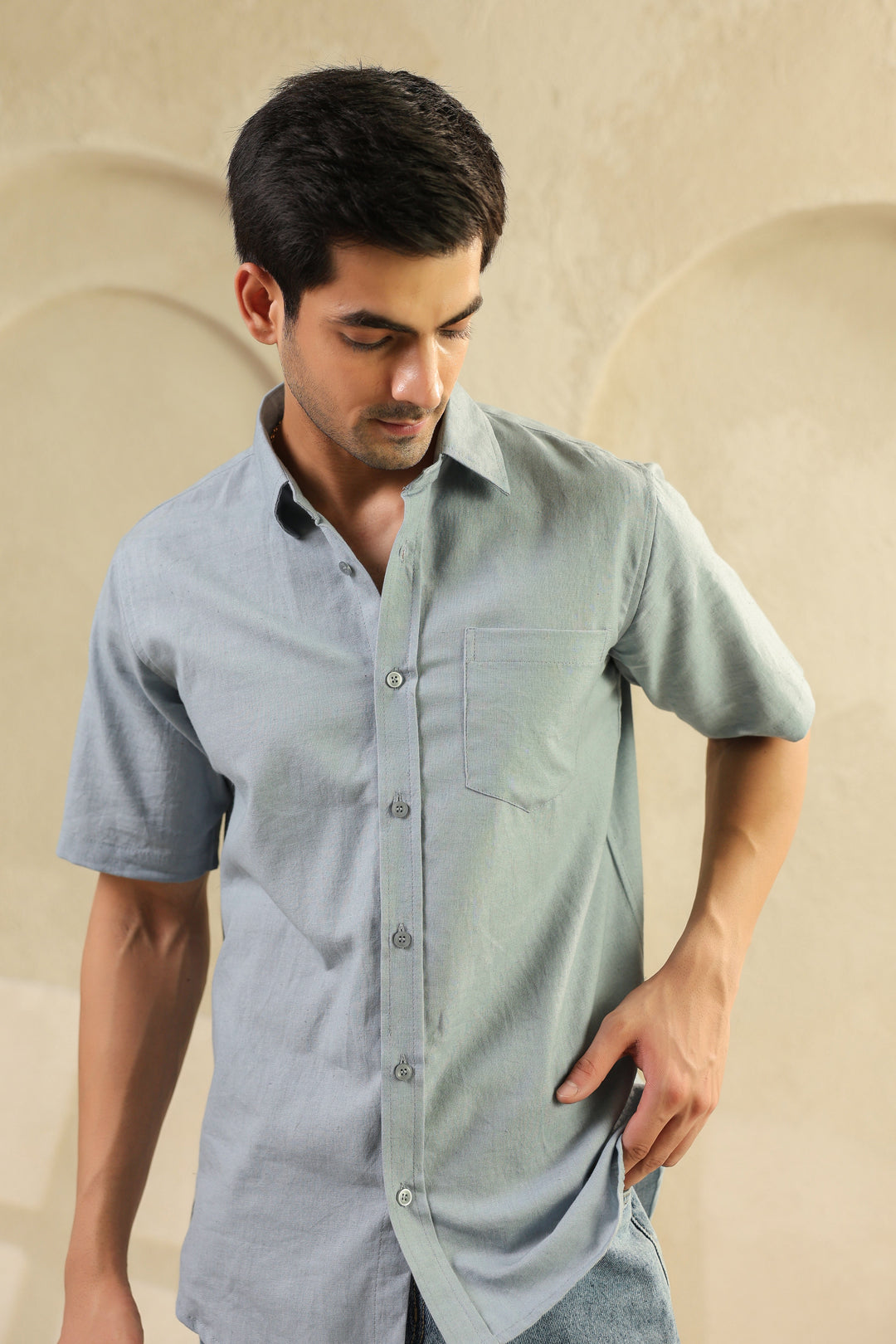 Grey Linen Blend Half Sleeve Shirt
