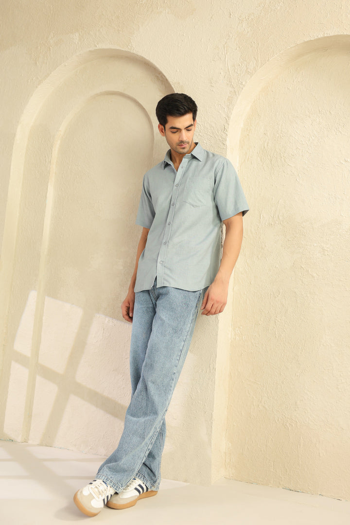 Grey Linen Blend Half Sleeve Shirt
