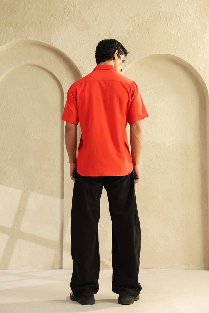 Red Linen Blend Half Sleeve Shirt
