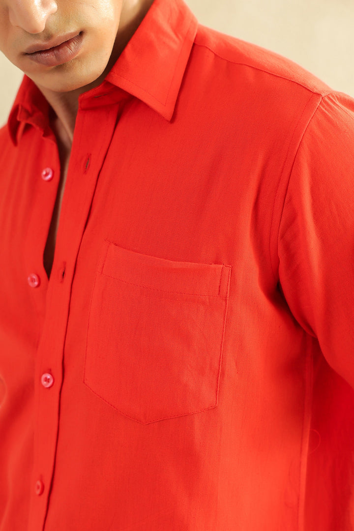 Red Linen Blend Half Sleeve Shirt