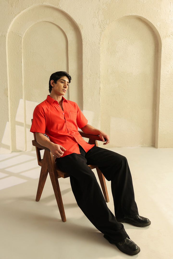 Red Linen Blend Half Sleeve Shirt