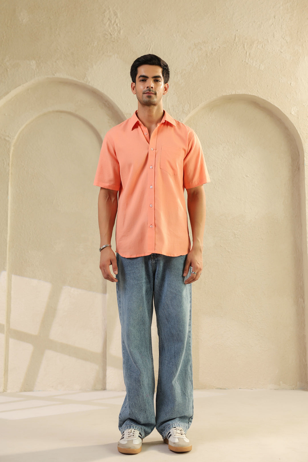 Peach Linen Blend Half Sleeve Shirt