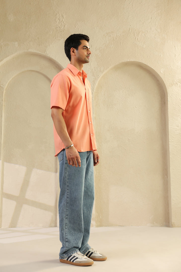 Peach Linen Blend Half Sleeve Shirt