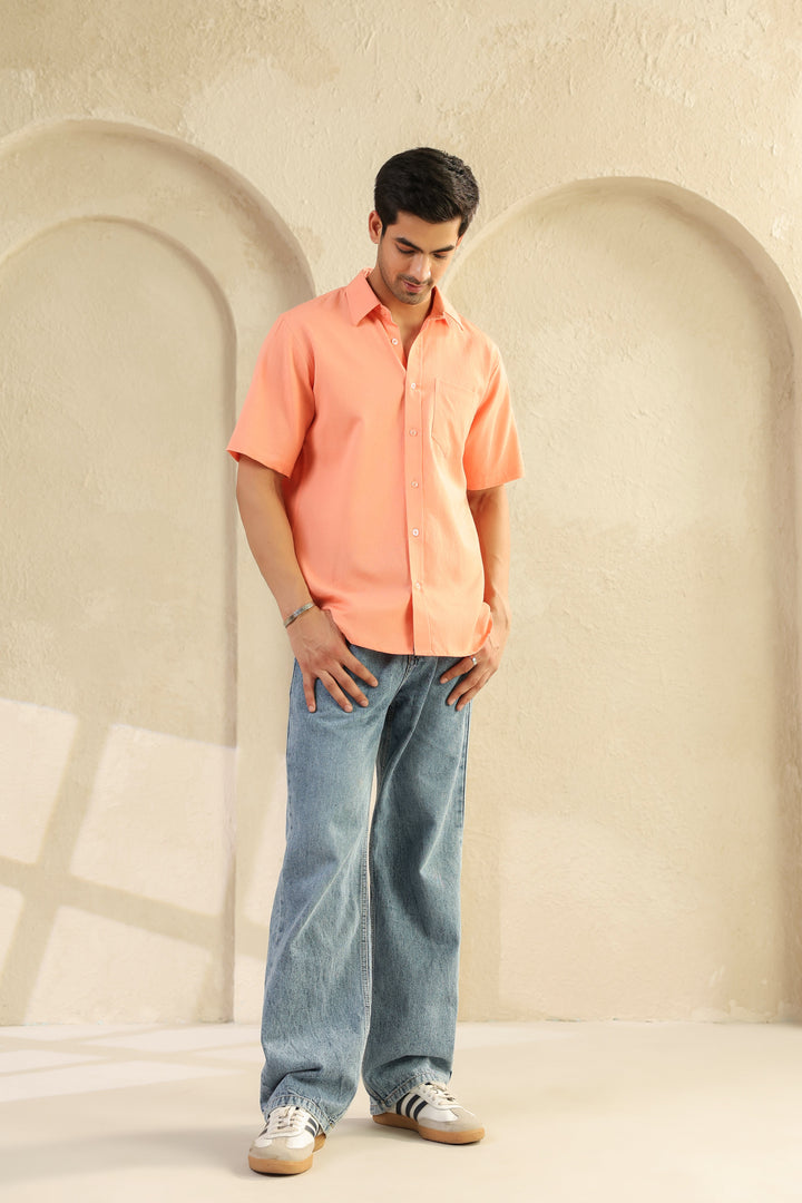 Peach Linen Blend Half Sleeve Shirt