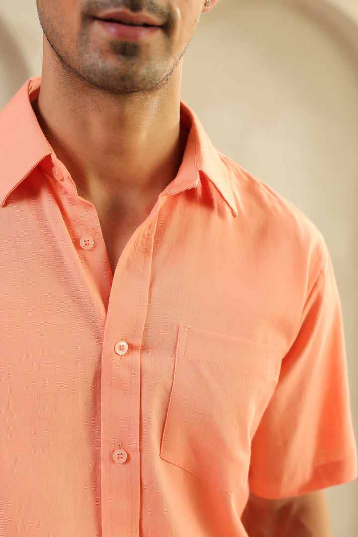 Peach Linen Blend Half Sleeve Shirt
