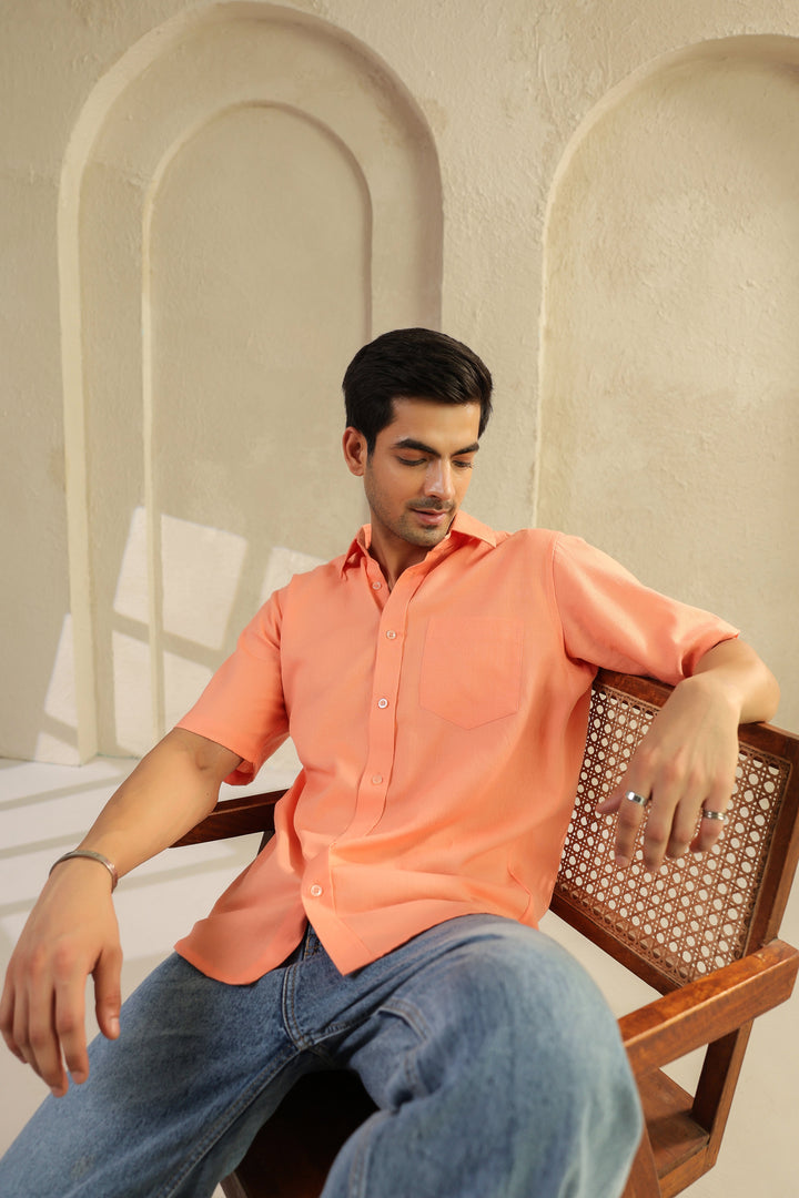 Peach Linen Blend Half Sleeve Shirt