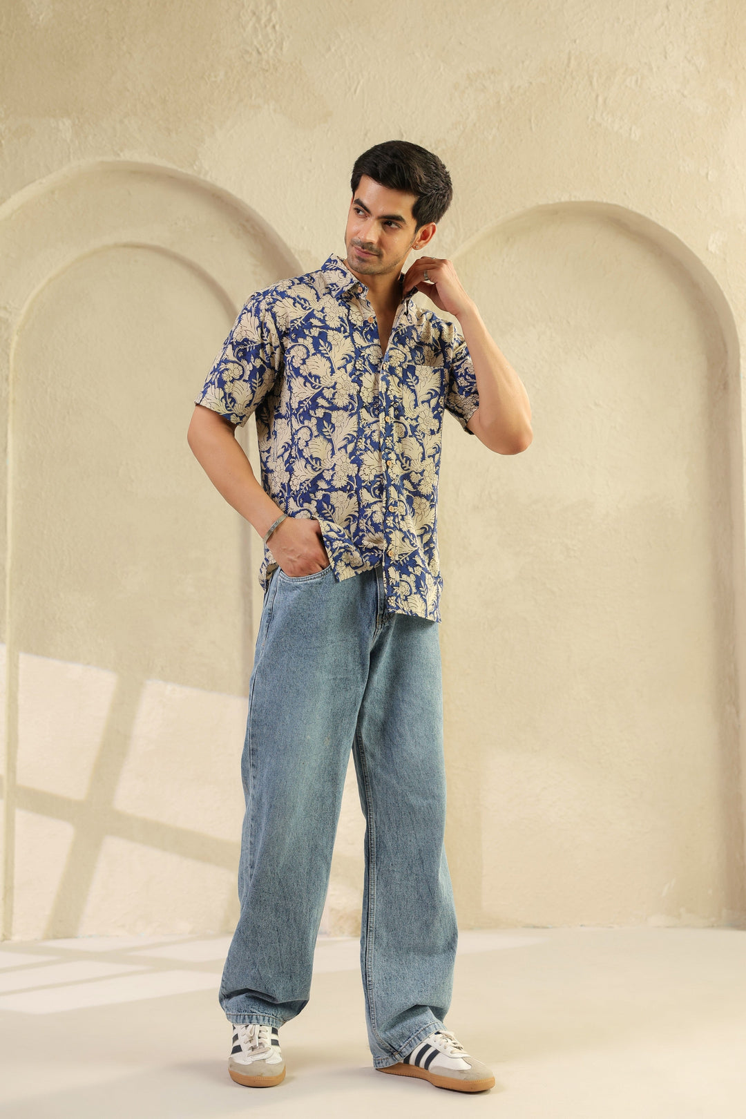 Blue Floral Cotton Half Sleeve Shirt