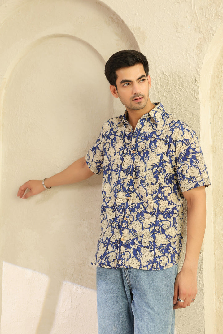 Blue Floral Cotton Half Sleeve Shirt