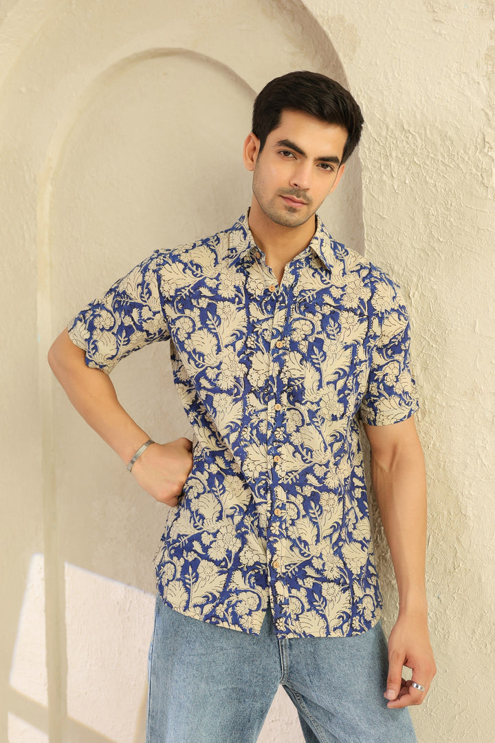 Blue Floral Cotton Half Sleeve Shirt