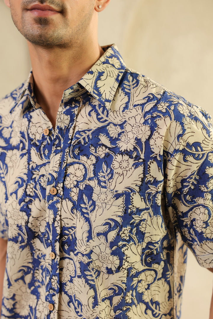 Blue Floral Cotton Half Sleeve Shirt