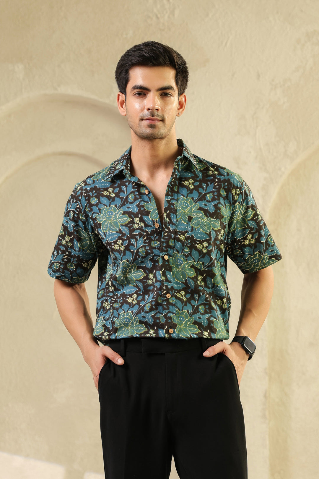 Black Blue Half Sleeve Cotton Shirt