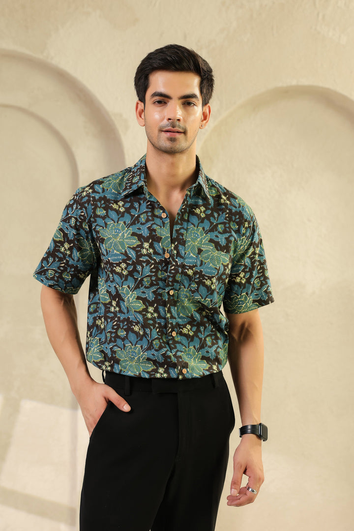 Black Blue Half Sleeve Cotton Shirt