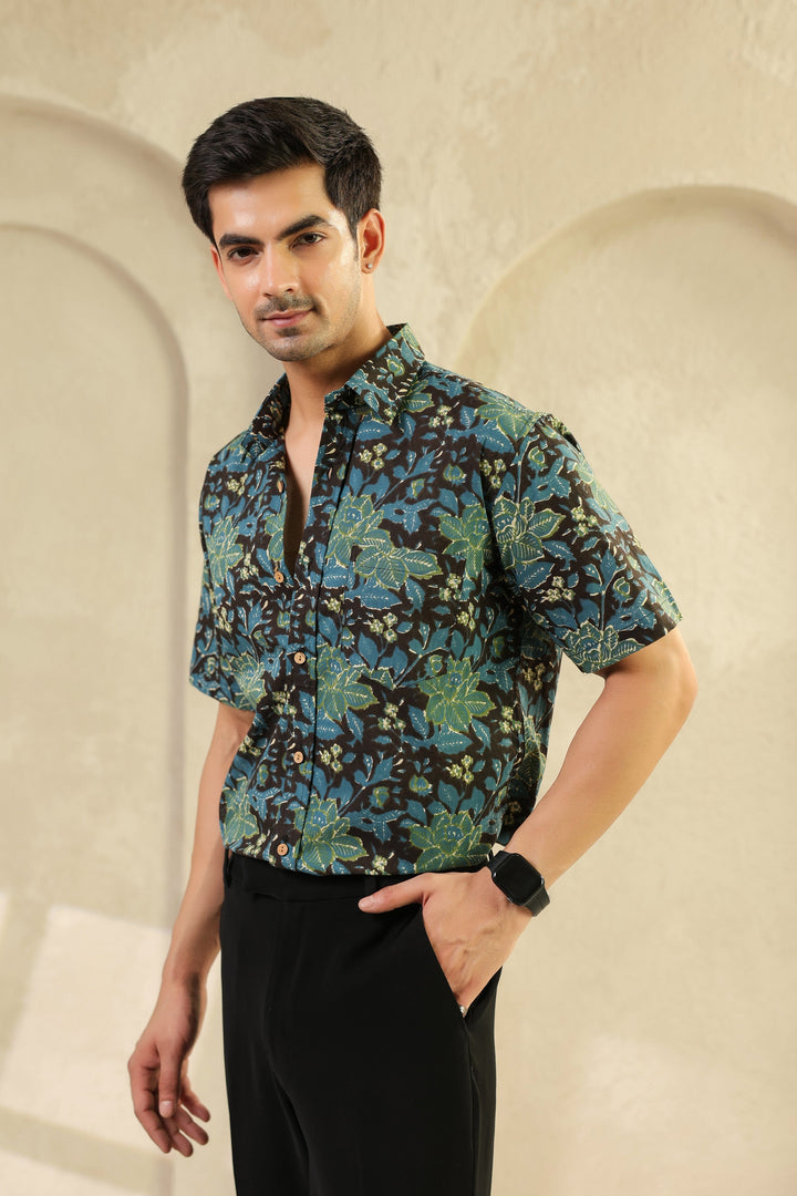 Black Blue Half Sleeve Cotton Shirt