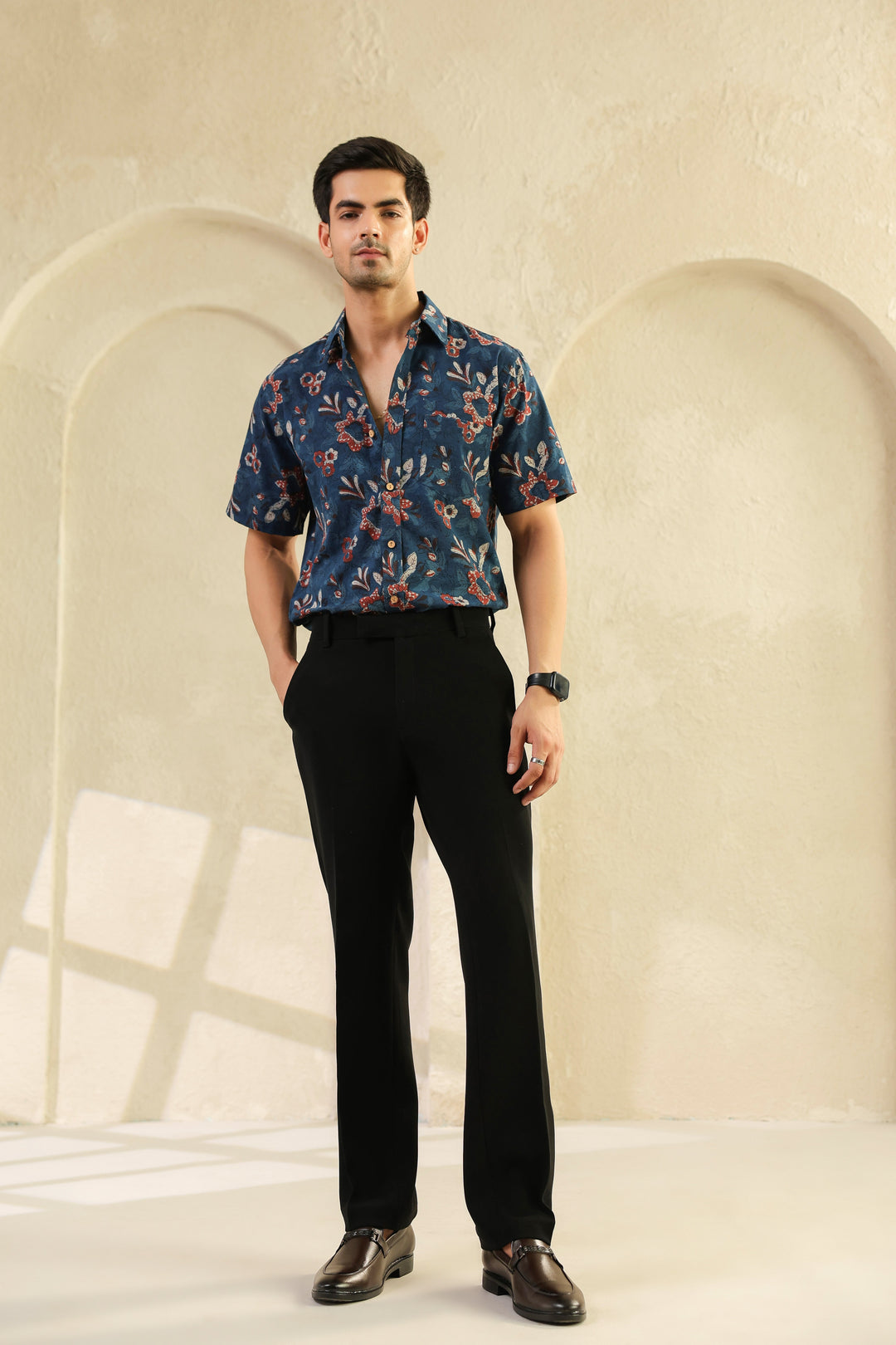 Indigo Floral Cotton Half Sleeve Shirt