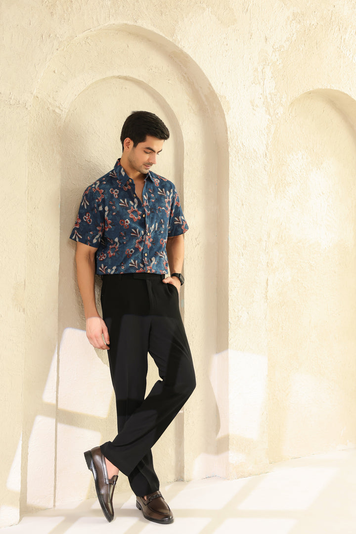 Indigo Floral Cotton Half Sleeve Shirt