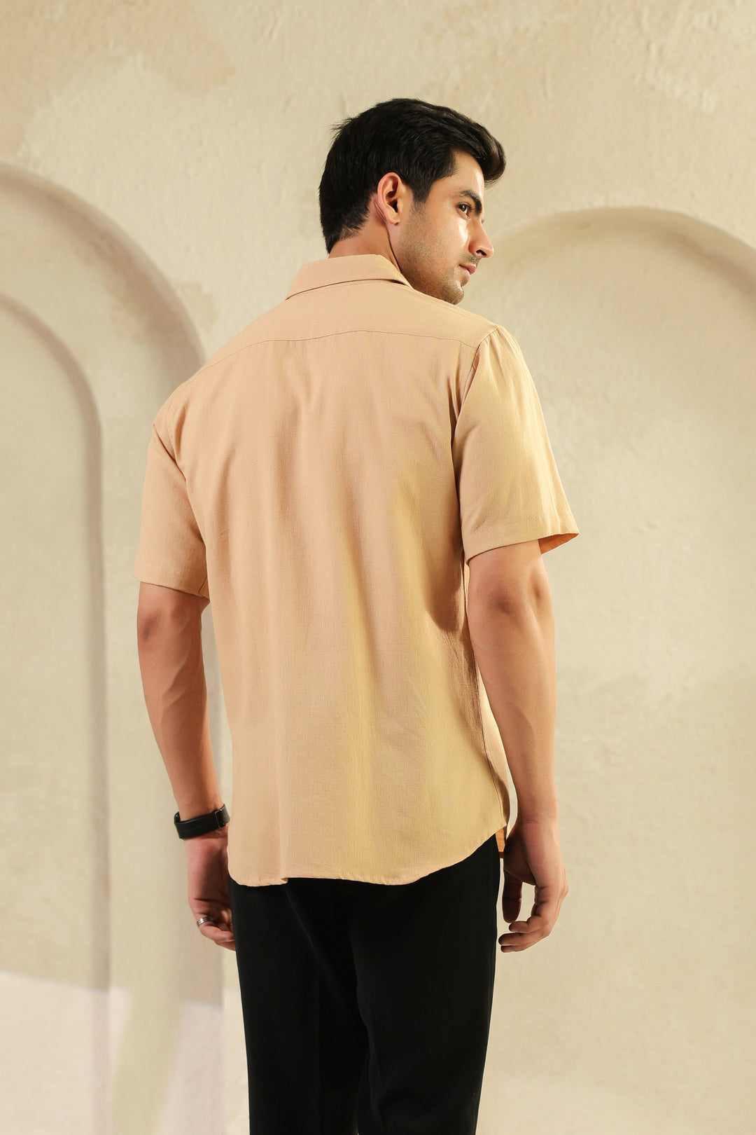 Beige Linen Blend Half Sleeve Shirt