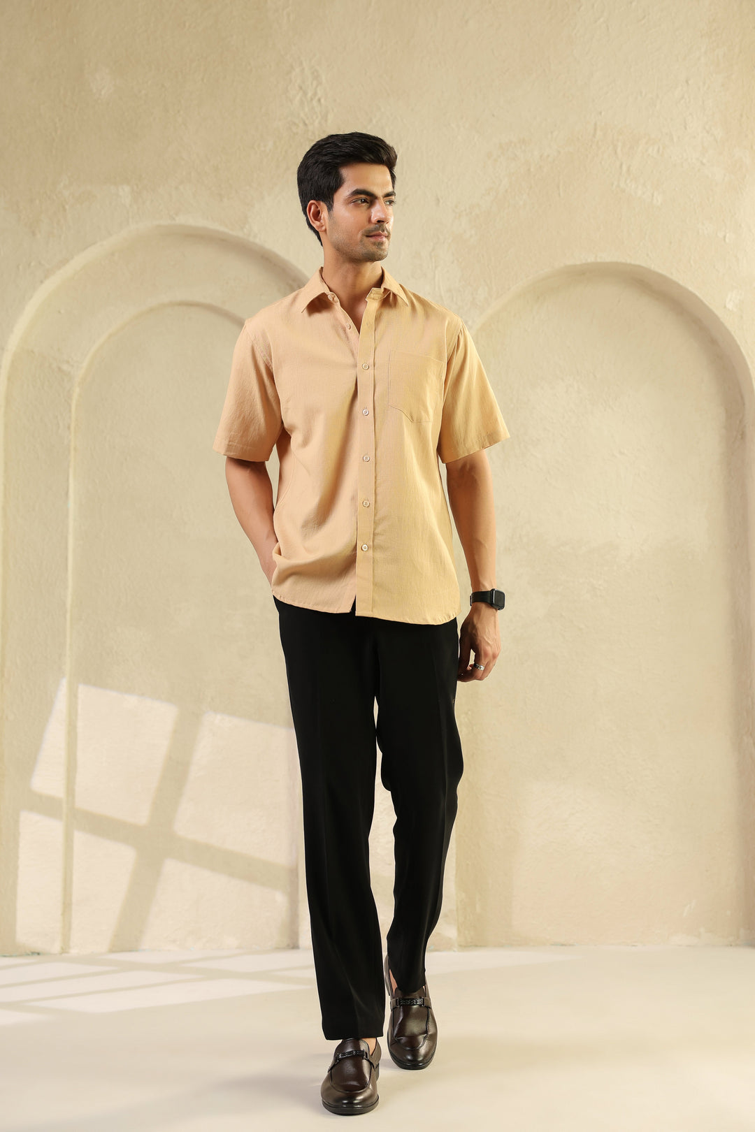 Beige Linen Blend Half Sleeve Shirt