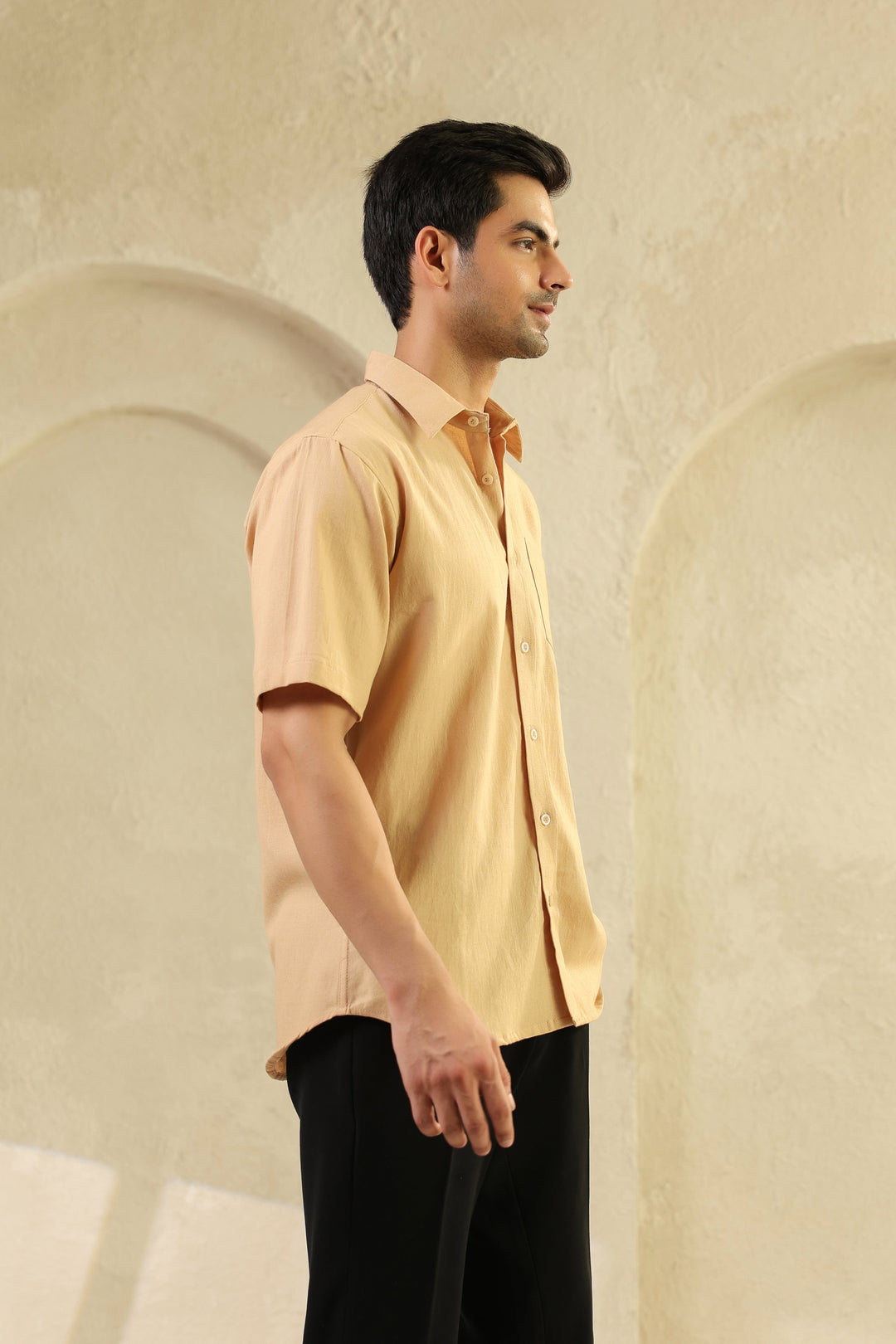 Beige Linen Blend Half Sleeve Shirt