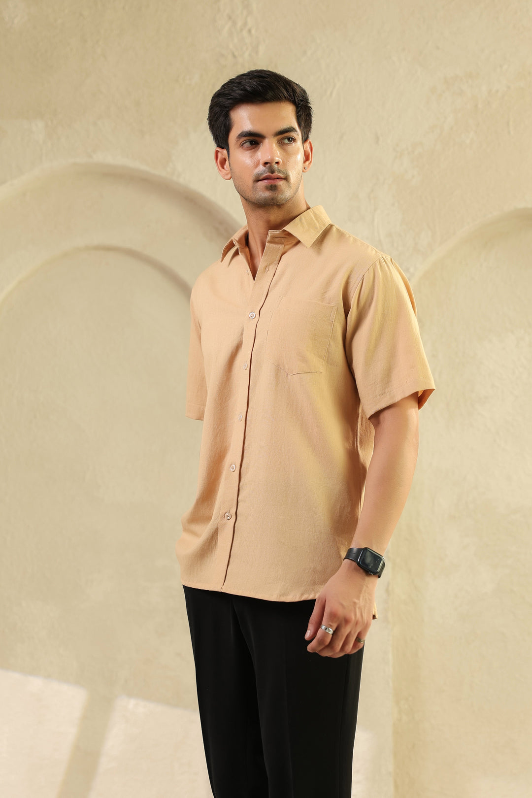 Beige Linen Blend Half Sleeve Shirt