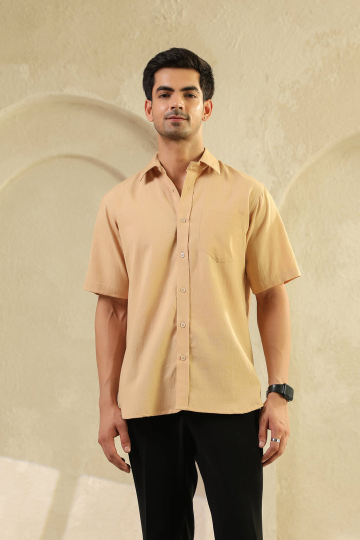 Beige Linen Blend Half Sleeve Shirt